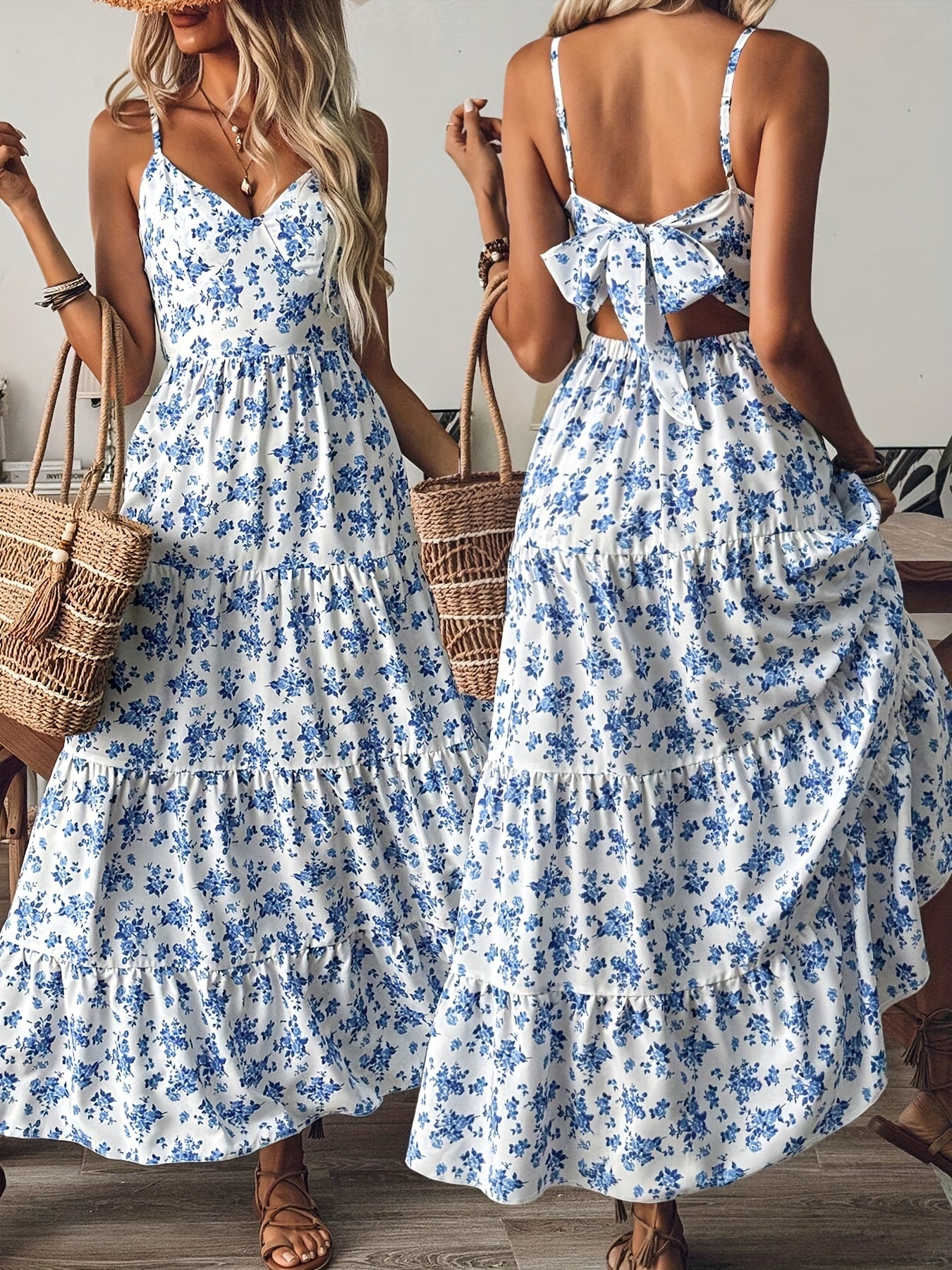 Women's Summer V-Neck Floral Print Strappy Dress - Sexy Backless Bowknot Flowy Maxi Party Dress - Mercalive