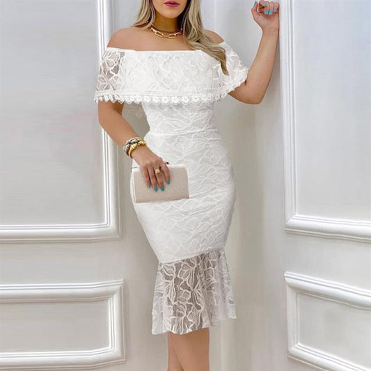Women's Elegant Floral Lace Off The Shoulder Dress Scallop Trim Party Wedding Guest Bodycon Dress - Mercalive