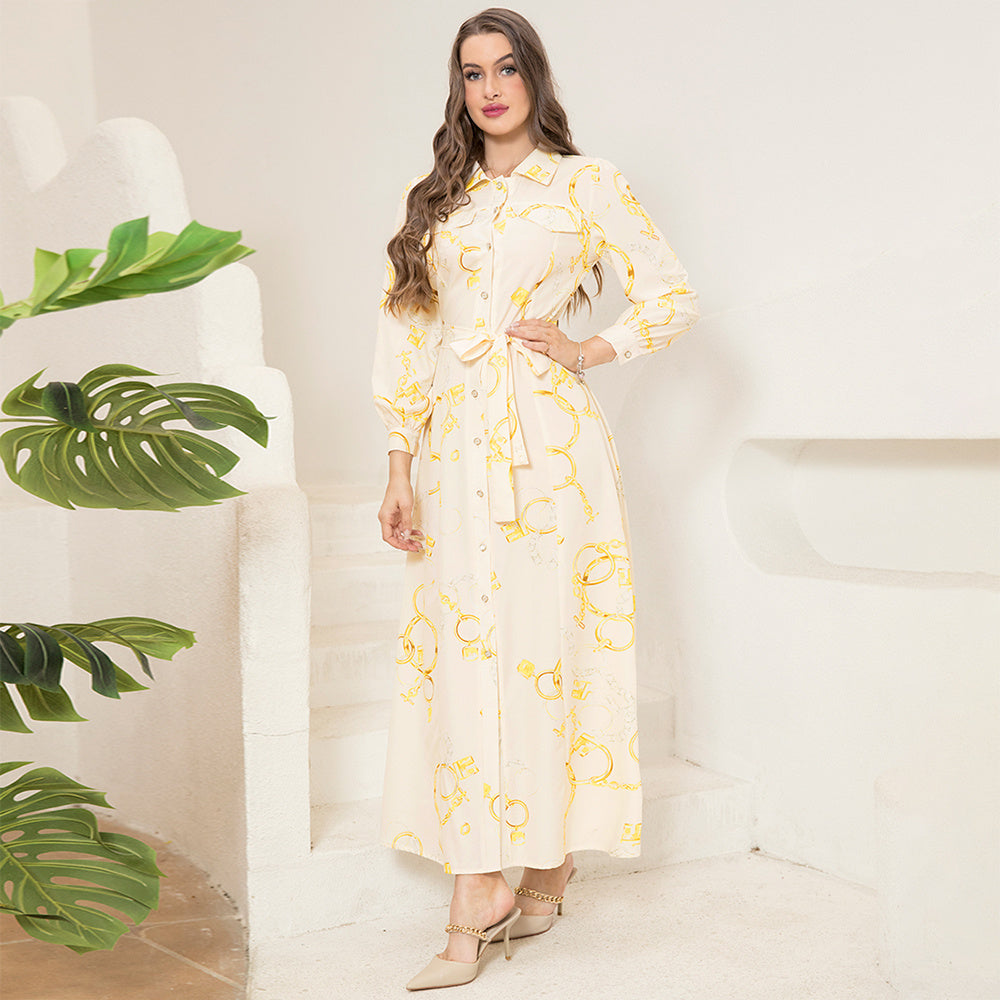 Elegant Style Lapel Chain Pattern Printing Buttons Pocket Belt Shirt Sleeve Long Dresses - Mercalive