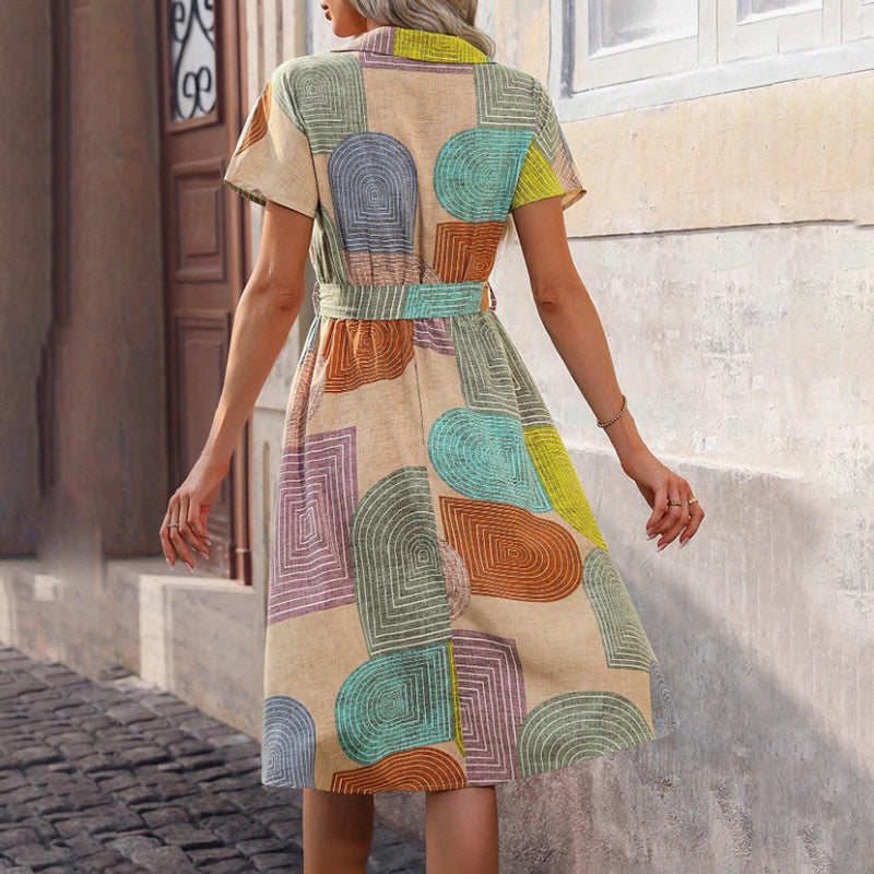 Women's Bohemian Floral Midi Dress V-Neck Short Sleeve Casual Dress, Slight Stretch Woven Fabric, Vibrant Print, Summer Fashion