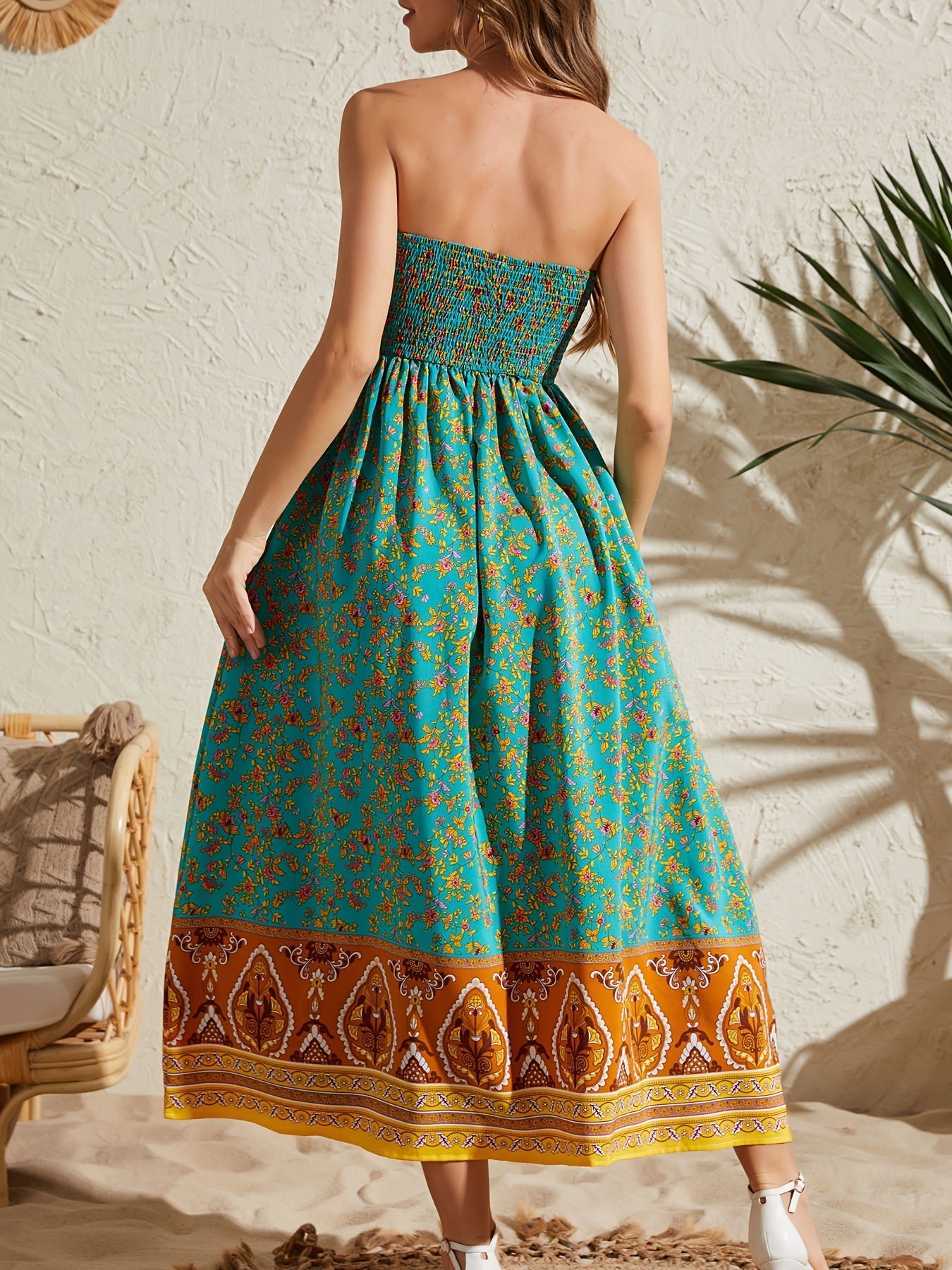 Women's Sexy Strapless Printed Dress - Elegant Off-Shoulder Maxi Vacation Dress - Mercalive