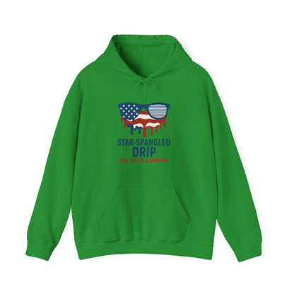"Star-Spangled Drip Hoodie – Patriotic USA Pullover, Unisex Independence Day Sweatshirt, Soft & Cozy 4th of July Gift" - Mercalive
