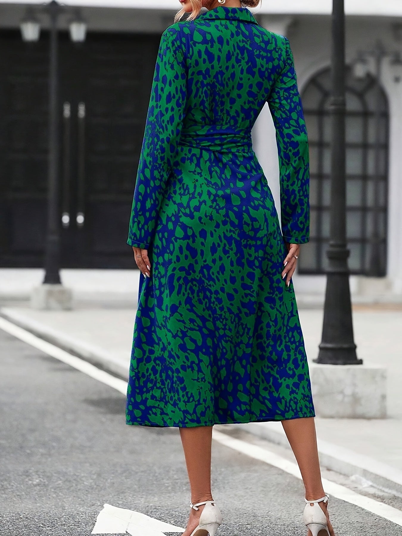 Women's Long-Sleeved All-Over Leopard Print Belted Shirt Dress - Casual Maxi Dress - Mercalive