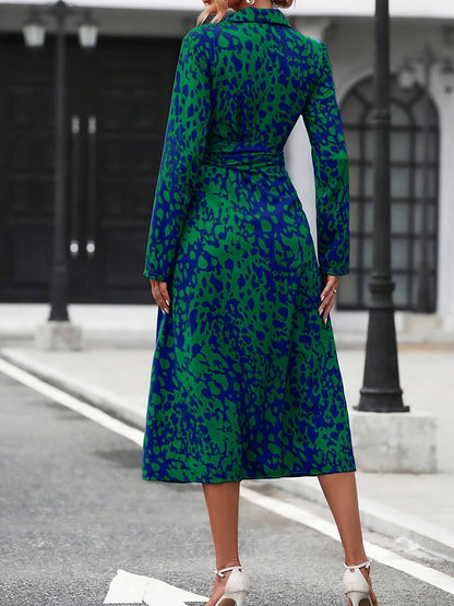 Women's Long-Sleeved All-Over Leopard Print Belted Shirt Dress - Casual Maxi Dress - Mercalive