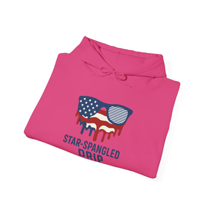 "Star-Spangled Drip Hoodie – Patriotic USA Pullover, Unisex Independence Day Sweatshirt, Soft & Cozy 4th of July Gift" - Mercalive