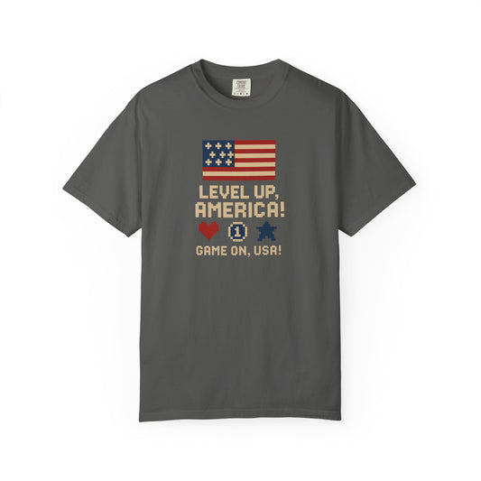 Patriotic Game-On T-Shirt, Level Up America Tee, Unisex Summer Top, USA Pride Shirt, Fourth of July Celebration Wear - Mercalive