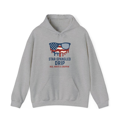 "Star-Spangled Drip Hoodie – Patriotic USA Pullover, Unisex Independence Day Sweatshirt, Soft & Cozy 4th of July Gift" - Mercalive