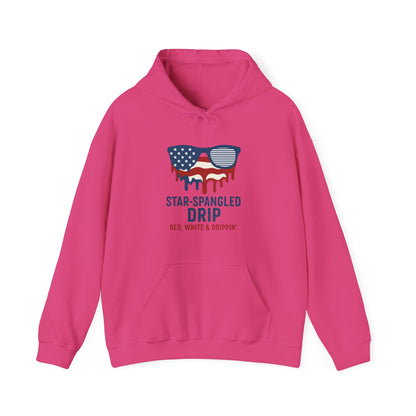 "Star-Spangled Drip Hoodie – Patriotic USA Pullover, Unisex Independence Day Sweatshirt, Soft & Cozy 4th of July Gift" - Mercalive