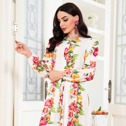 Elegant Style Round Neck Flowers Plant Buttons Puff Sleeve Long Dresses - Mercalive