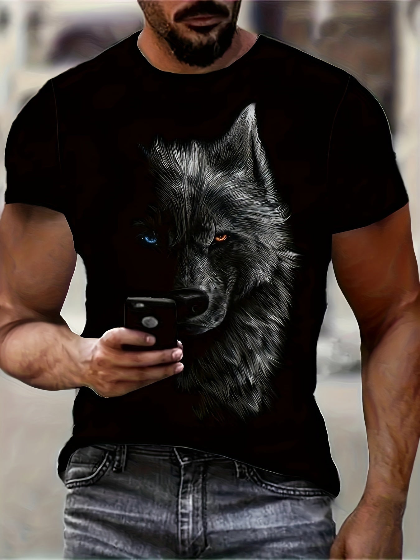 3D Digital Cool Wolf Contrast Color Eye Pattern Round Neck T-shirt, Men's Summer Outdoor Activity Fashion Top. - Mercalive