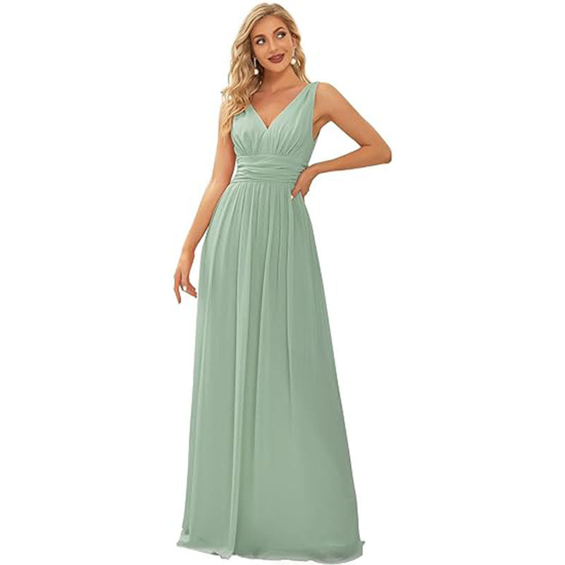 Women's Elegant Graceful Deep V-neck Sleeveless Chiffon Formal Maxi Evening Dress - Mercalive