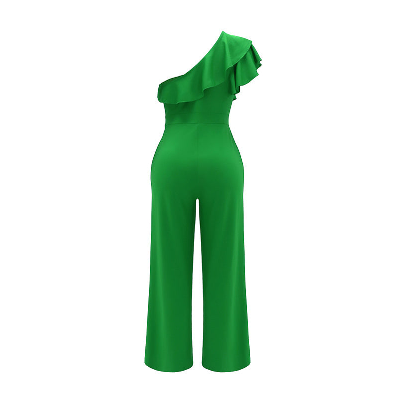Women Summer Dressy Jumpsuits Sleeveless Ruffle One Shoulder Casual Wide Leg Pants Romper - Mercalive
