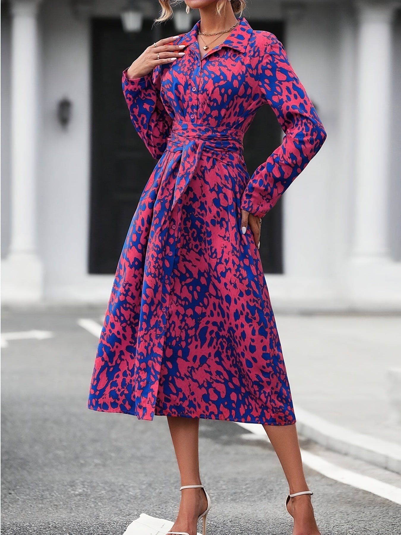 Women's Long-Sleeved All-Over Leopard Print Belted Shirt Dress - Casual Maxi Dress - Mercalive