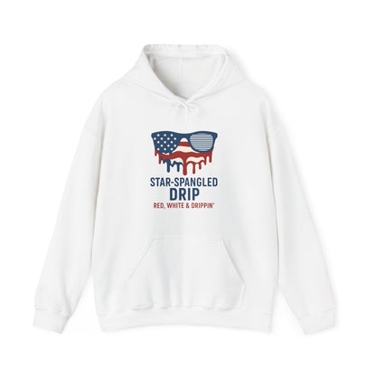 "Star-Spangled Drip Hoodie – Patriotic USA Pullover, Unisex Independence Day Sweatshirt, Soft & Cozy 4th of July Gift" - Mercalive