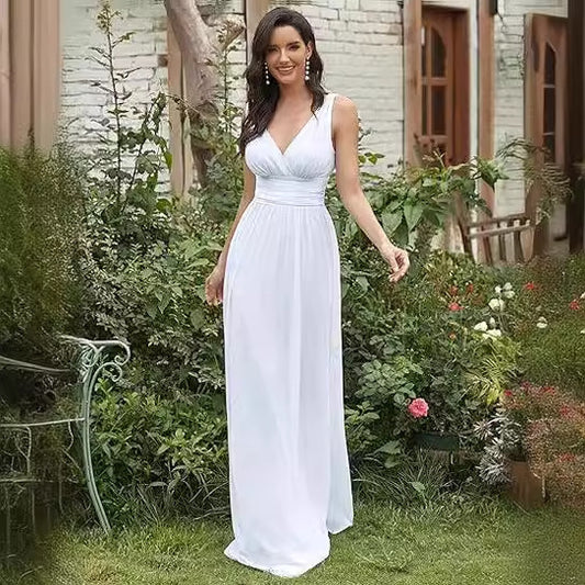Women's Elegant Graceful Deep V-neck Sleeveless Chiffon Formal Maxi Evening Dress - Mercalive