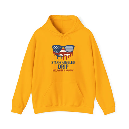 "Star-Spangled Drip Hoodie – Patriotic USA Pullover, Unisex Independence Day Sweatshirt, Soft & Cozy 4th of July Gift" - Mercalive