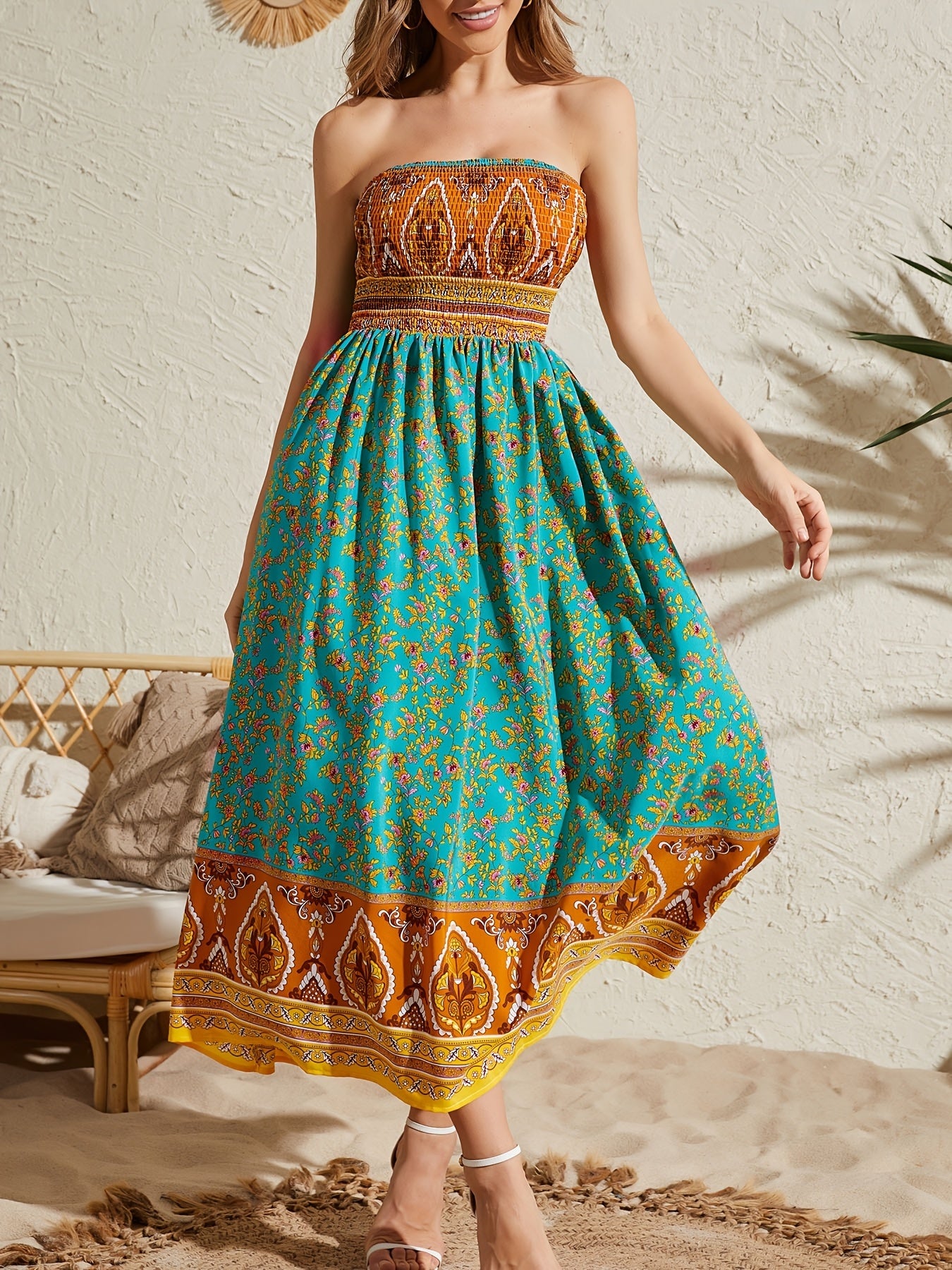 Women's Sexy Strapless Printed Dress - Elegant Off-Shoulder Maxi Vacation Dress - Mercalive