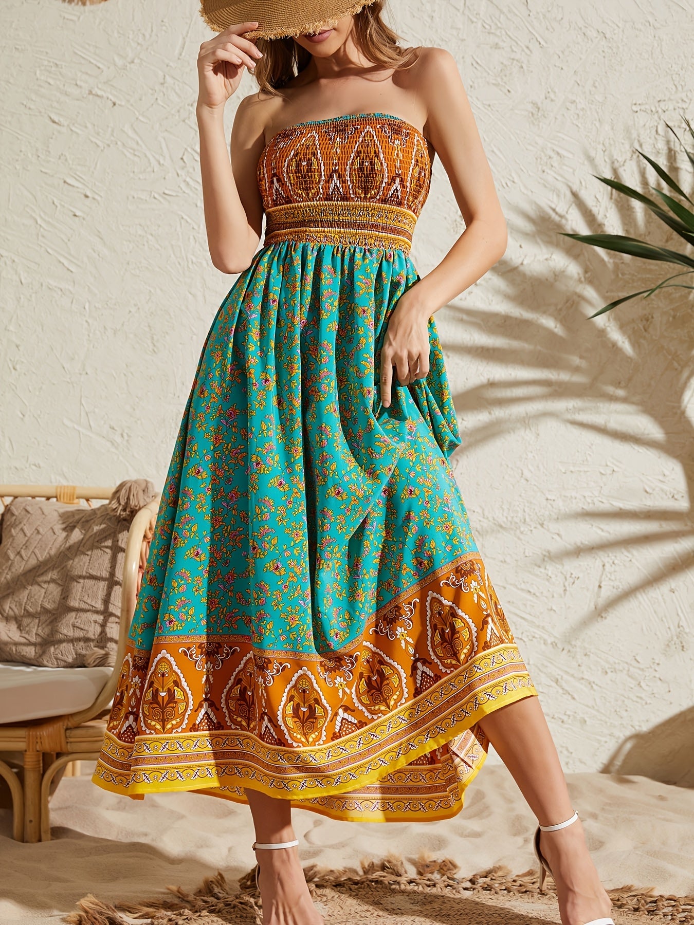 Women's Sexy Strapless Printed Dress - Elegant Off-Shoulder Maxi Vacation Dress - Mercalive