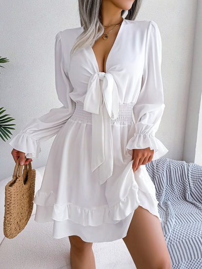 Spring And Summer European And American Leisure Lace-up Waist-tight Wooden Ear Swing Dress
