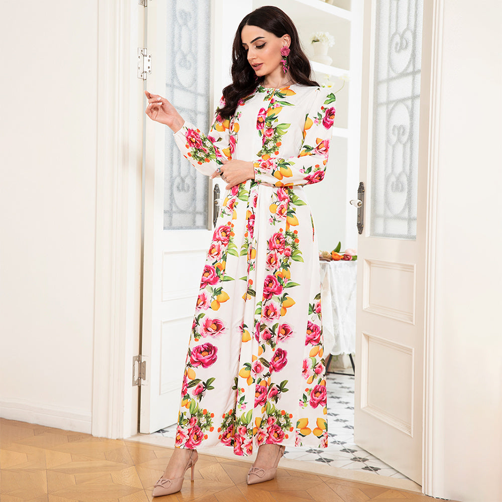 Elegant Style Round Neck Flowers Plant Buttons Puff Sleeve Long Dresses - Mercalive