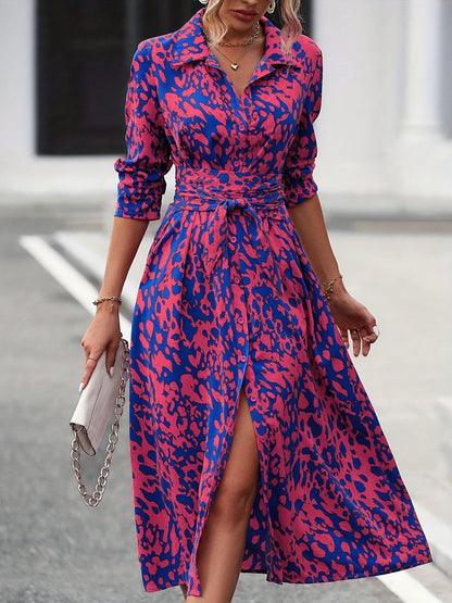 Women's Long-Sleeved All-Over Leopard Print Belted Shirt Dress - Casual Maxi Dress - Mercalive