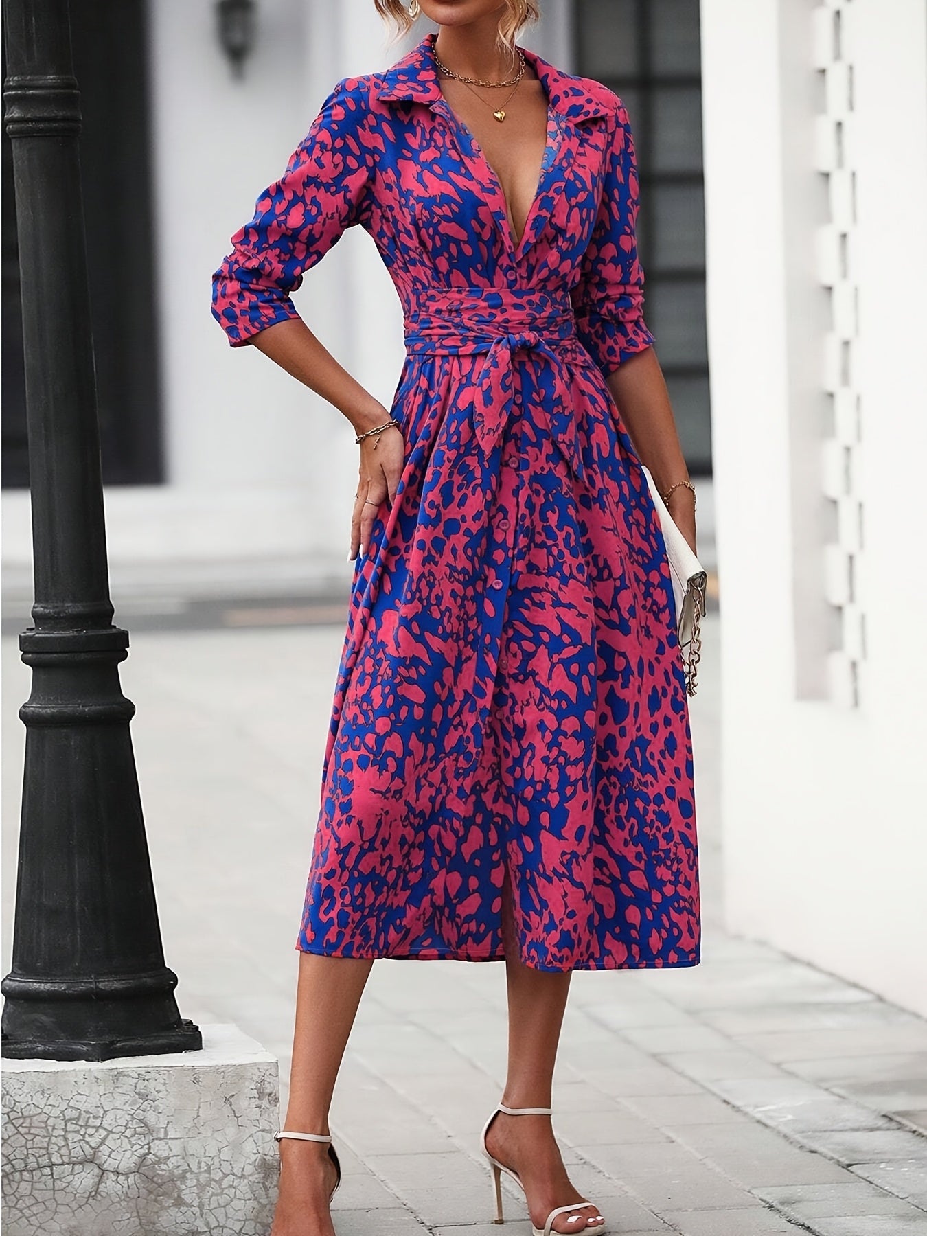 Women's Long-Sleeved All-Over Leopard Print Belted Shirt Dress - Casual Maxi Dress - Mercalive
