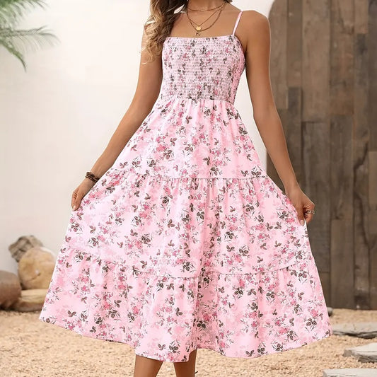 Womens Summer Floral Midi Dress Smocked Spaghetti Strap Sleeveless Tiered Casual Flowy Dresses - Mercalive
