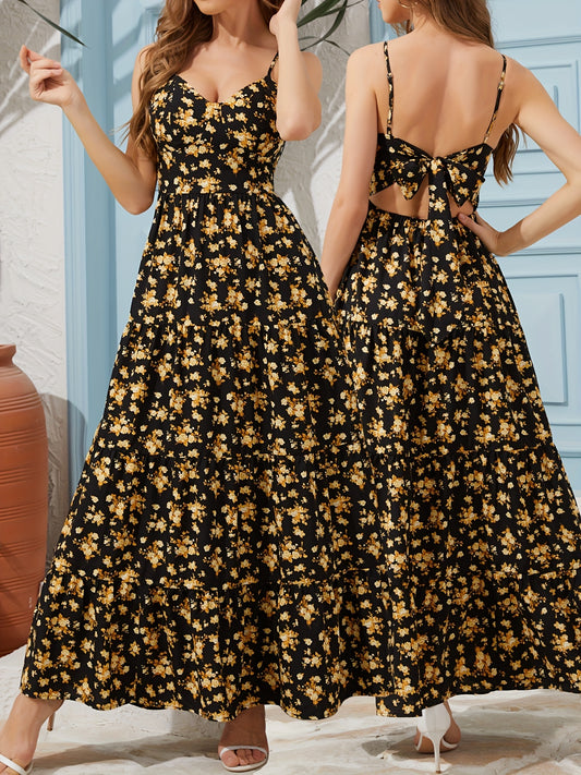 Women's Summer V-Neck Floral Print Strappy Dress - Sexy Backless Bowknot Flowy Maxi Party Dress - Mercalive