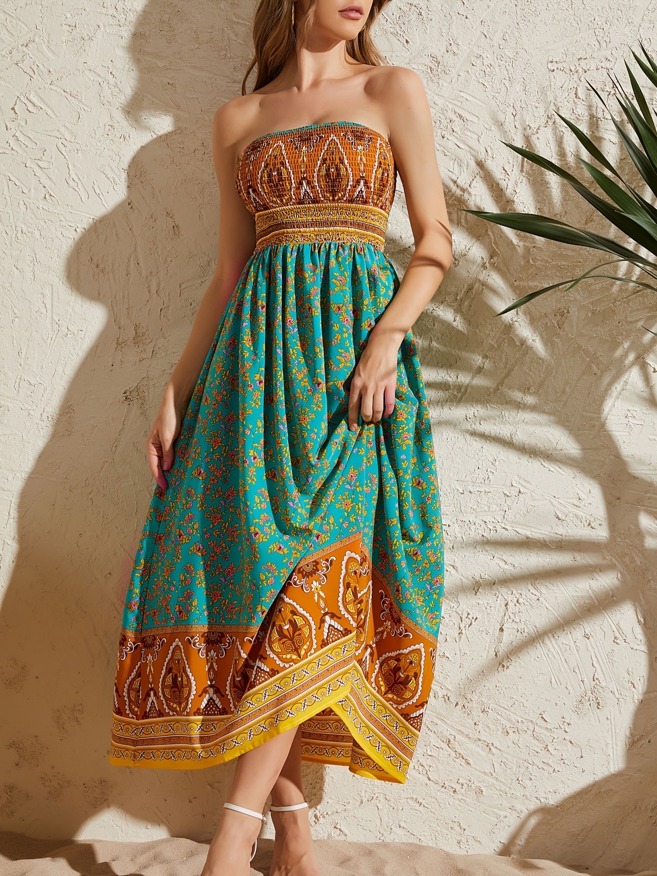 Women's Sexy Strapless Printed Dress - Elegant Off-Shoulder Maxi Vacation Dress - Mercalive
