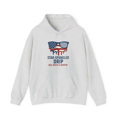 "Star-Spangled Drip Hoodie – Patriotic USA Pullover, Unisex Independence Day Sweatshirt, Soft & Cozy 4th of July Gift" - Mercalive