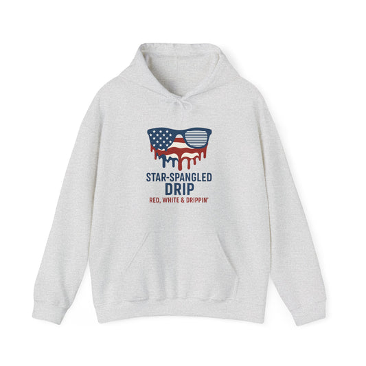 "Star-Spangled Drip Hoodie – Patriotic USA Pullover, Unisex Independence Day Sweatshirt, Soft & Cozy 4th of July Gift" - Mercalive