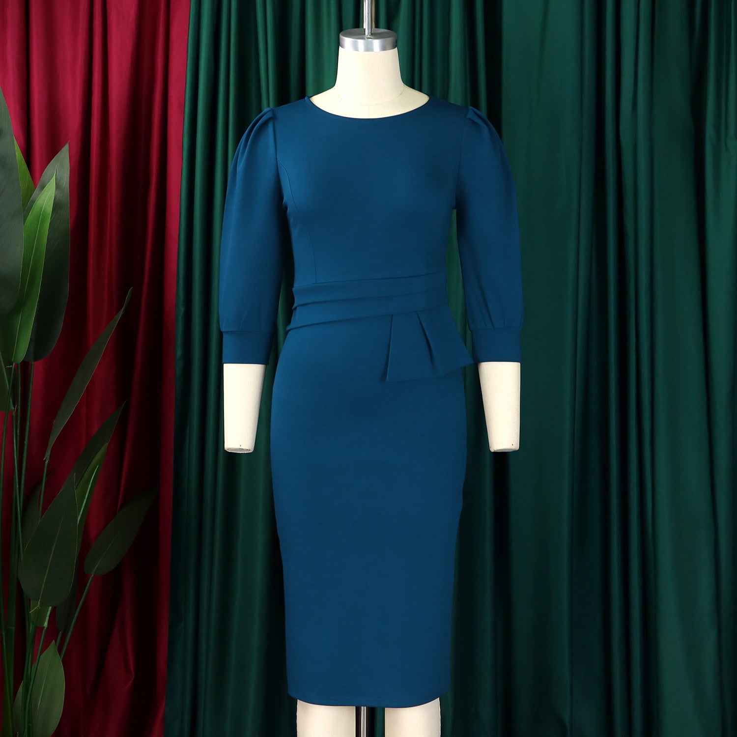 Women's Bodycon Pencil Dress Round Neck 3 4 Sleeve Peplum Wear To Work Office Dress - Mercalive