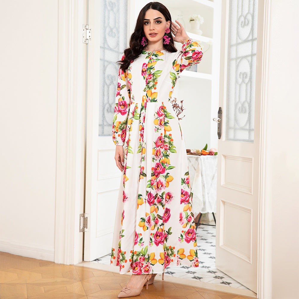 Elegant Style Round Neck Flowers Plant Buttons Puff Sleeve Long Dresses - Mercalive