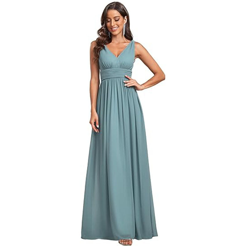 Women's Elegant Graceful Deep V-neck Sleeveless Chiffon Formal Maxi Evening Dress - Mercalive