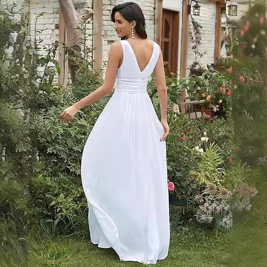 Women's Elegant Graceful Deep V-neck Sleeveless Chiffon Formal Maxi Evening Dress - Mercalive