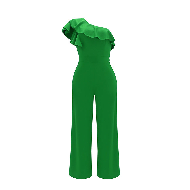 Women Summer Dressy Jumpsuits Sleeveless Ruffle One Shoulder Casual Wide Leg Pants Romper - Mercalive