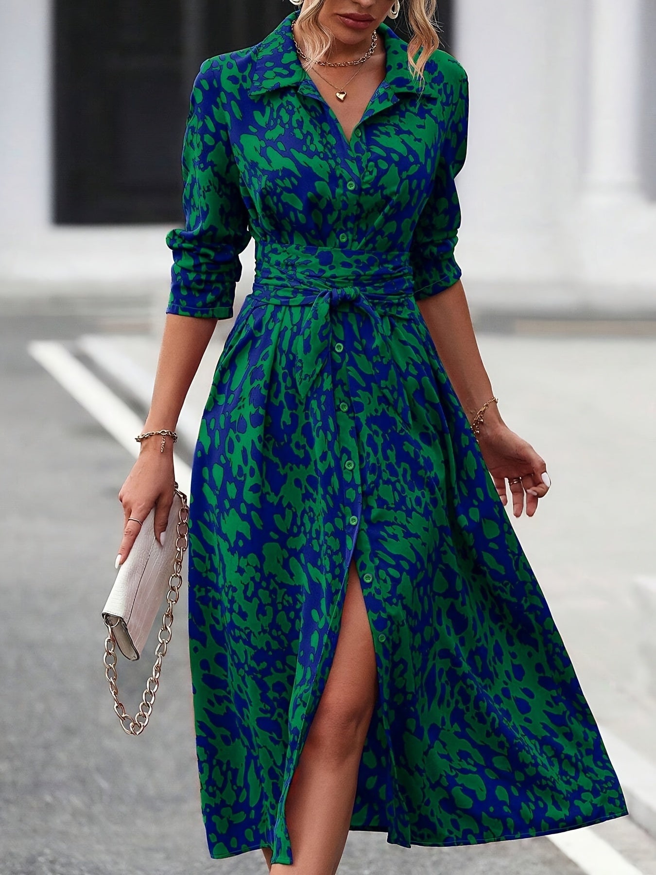 Women's Long-Sleeved All-Over Leopard Print Belted Shirt Dress - Casual Maxi Dress - Mercalive