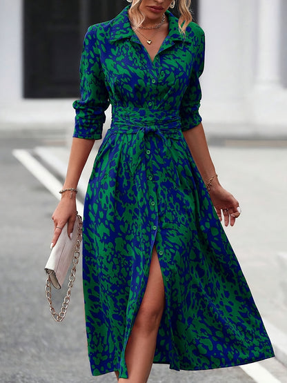 Women's Long-Sleeved All-Over Leopard Print Belted Shirt Dress - Casual Maxi Dress - Mercalive