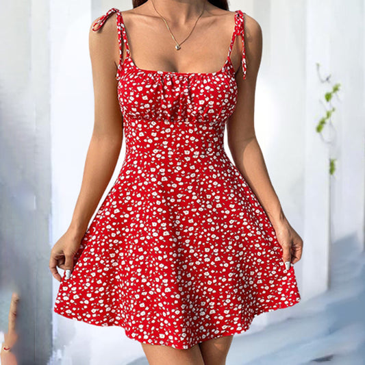 Womens Floral Mini Dress Spaghetti Strap Sleeveless Tie Shoulder Ruffle Summer Boho Dresses - Mercalive