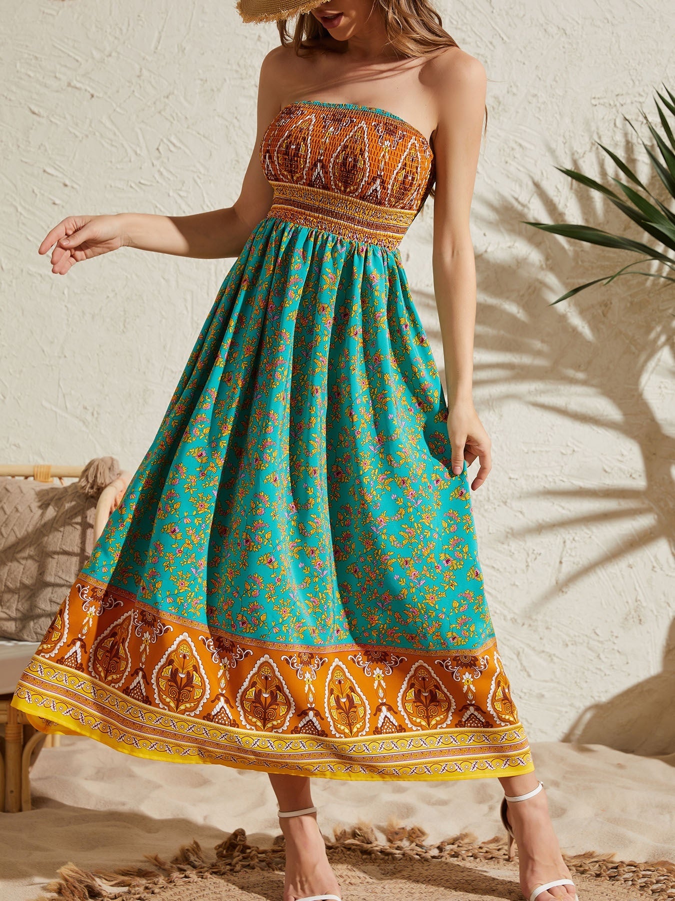 Women's Sexy Strapless Printed Dress - Elegant Off-Shoulder Maxi Vacation Dress - Mercalive