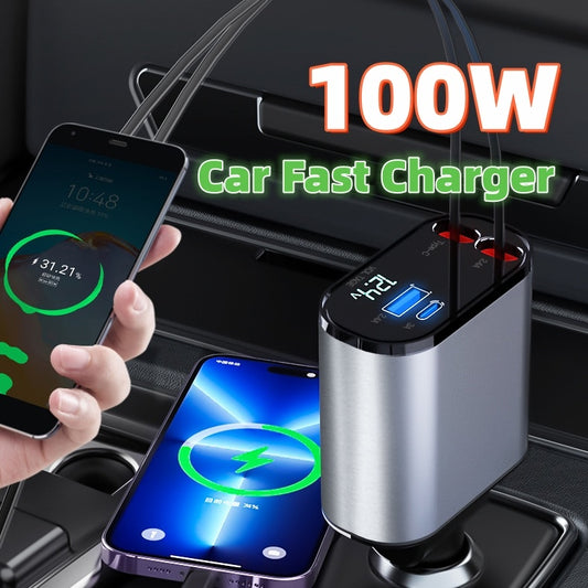 Metal Car Charger 100W Super Fast Charging Car Cigarette Lighter USB And TYPE-C Adapter - Mercalive