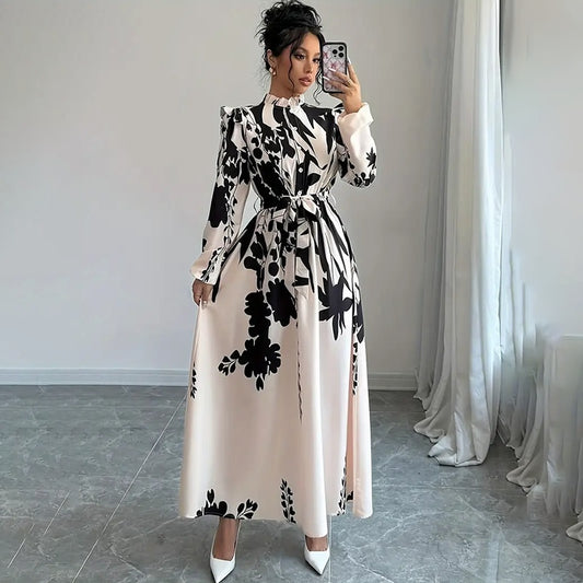 Women's Floral Print Long Sleeve Maxi Dress - Stand Collar A-Line Dress With Waist Detail, Lantern Sleeves & Ruffle Hem For Spring&Fall - Mercalive
