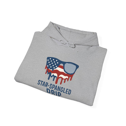 "Star-Spangled Drip Hoodie – Patriotic USA Pullover, Unisex Independence Day Sweatshirt, Soft & Cozy 4th of July Gift" - Mercalive