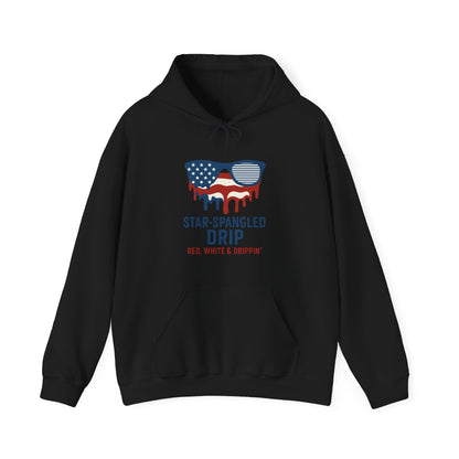"Star-Spangled Drip Hoodie – Patriotic USA Pullover, Unisex Independence Day Sweatshirt, Soft & Cozy 4th of July Gift" - Mercalive