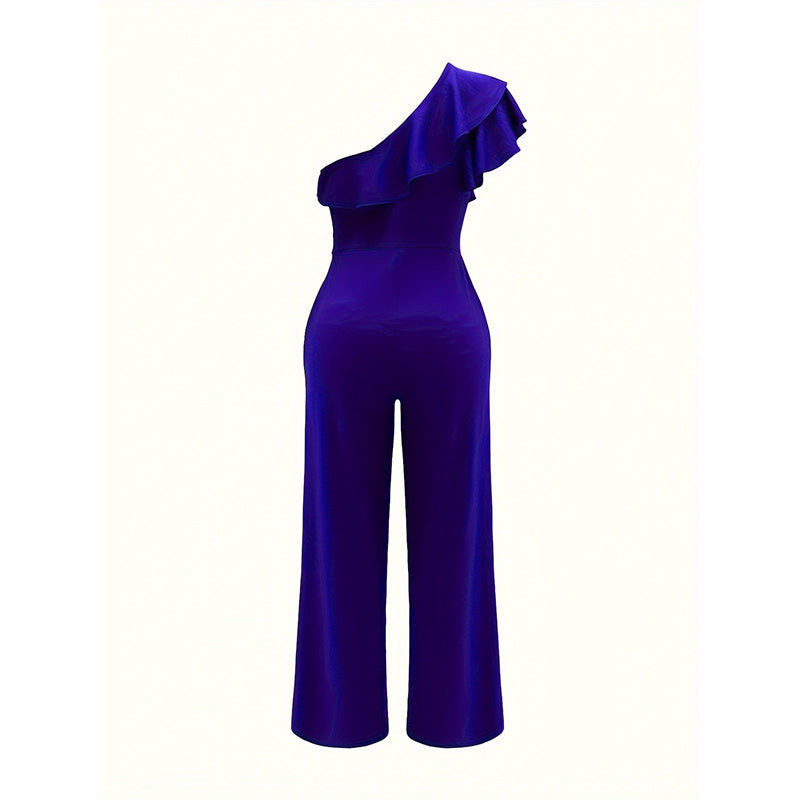 Women Summer Dressy Jumpsuits Sleeveless Ruffle One Shoulder Casual Wide Leg Pants Romper - Mercalive