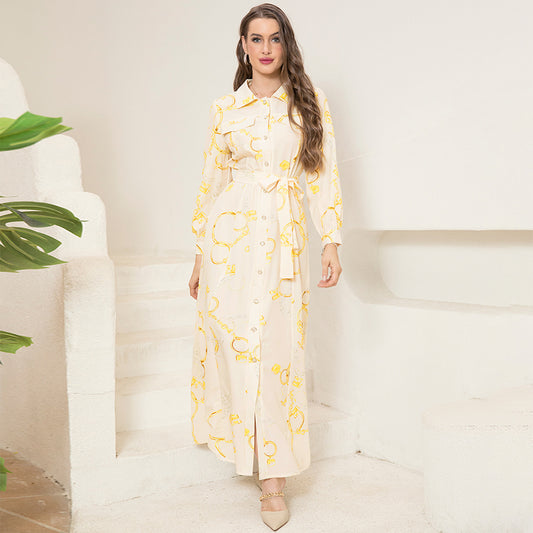 Elegant Style Lapel Chain Pattern Printing Buttons Pocket Belt Shirt Sleeve Long Dresses - Mercalive