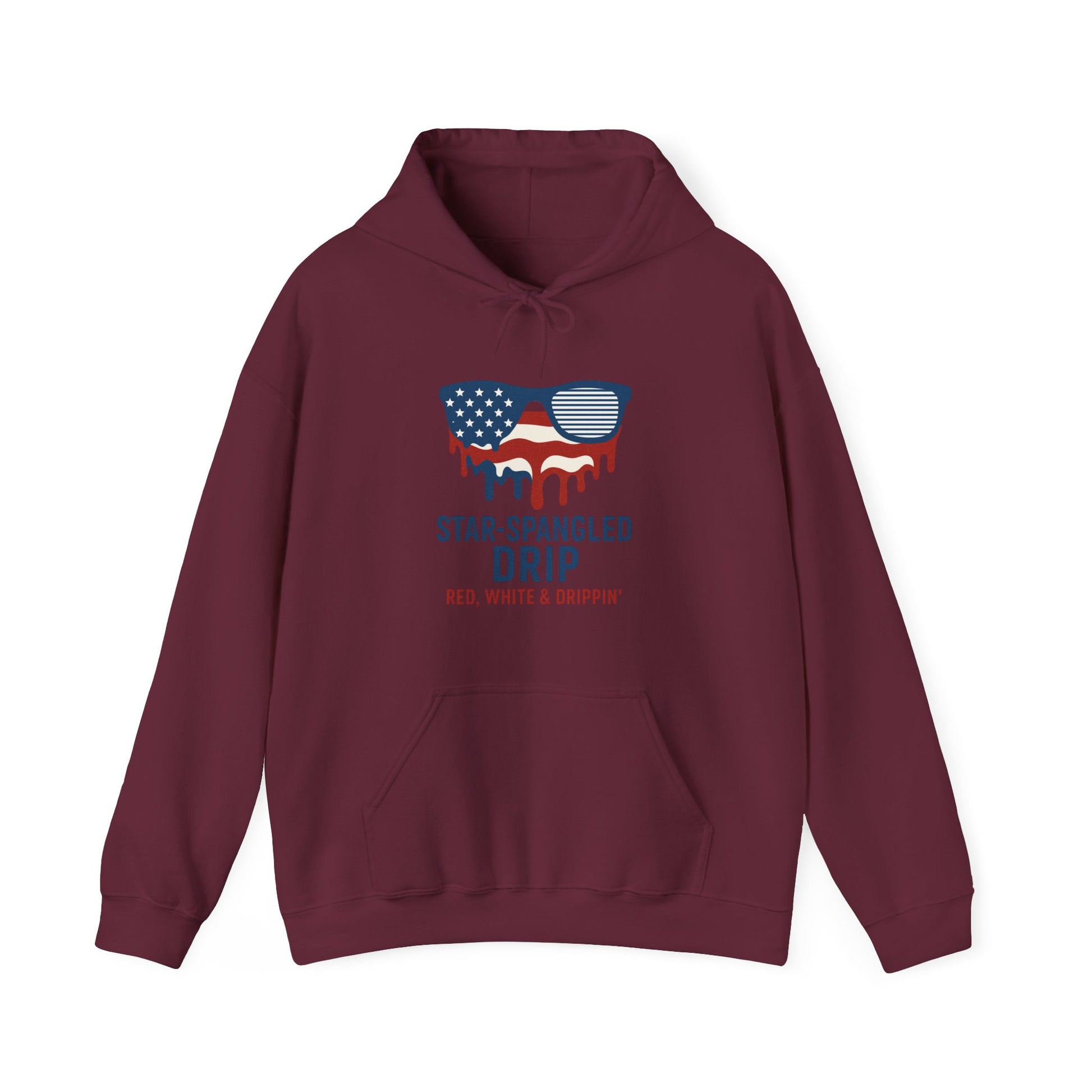 "Star-Spangled Drip Hoodie – Patriotic USA Pullover, Unisex Independence Day Sweatshirt, Soft & Cozy 4th of July Gift" - Mercalive