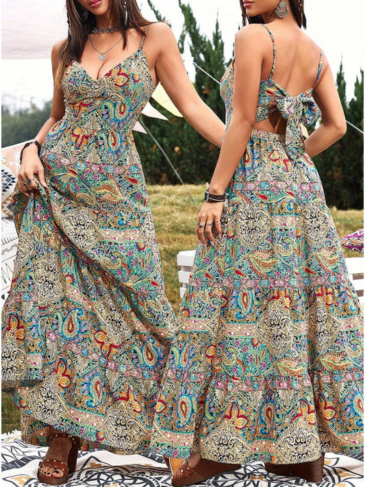Women's Summer V-Neck Paisley Print Vacation Dress - Sexy Open Back Bowknot Flowy Maxi Party Dress - Mercalive