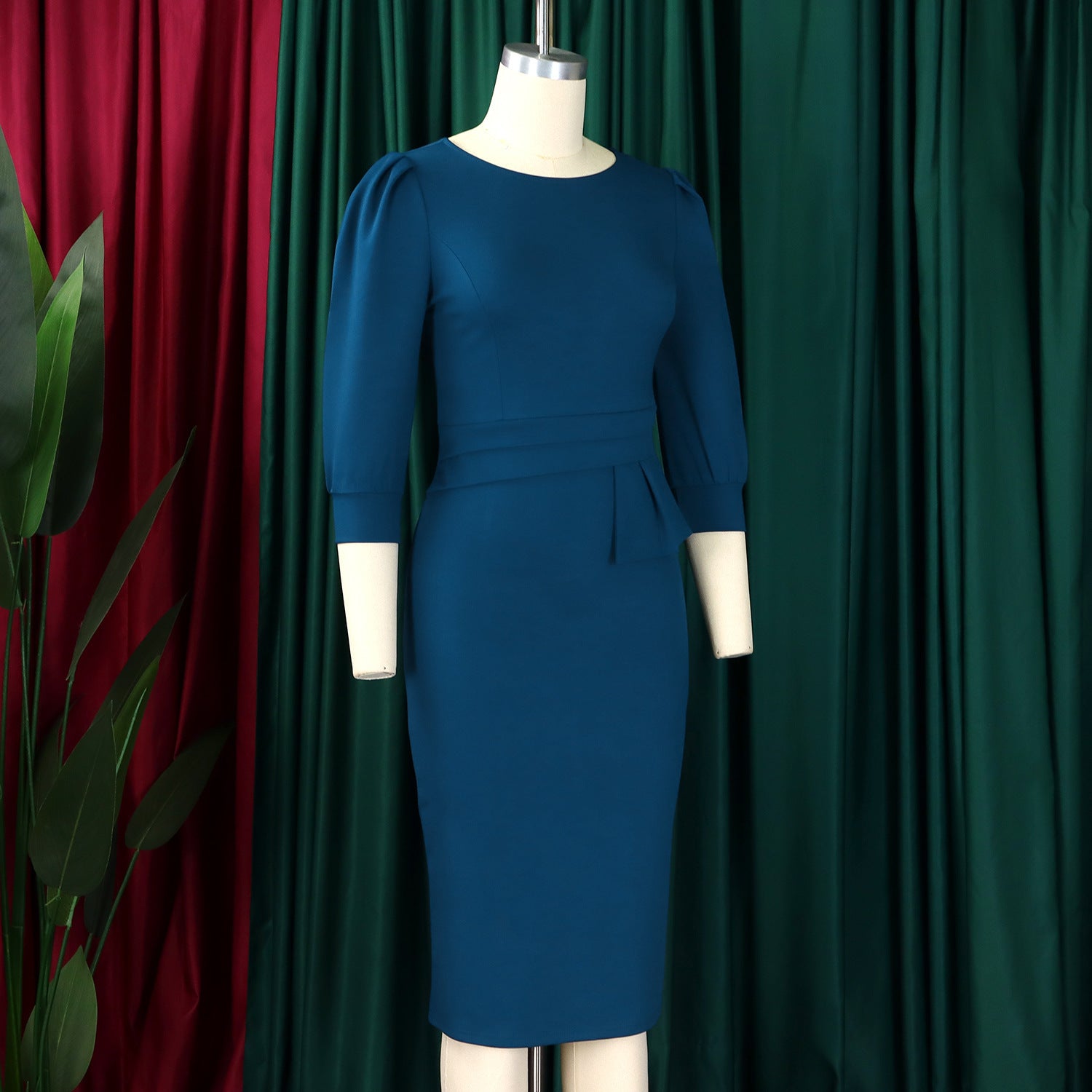 Women's Bodycon Pencil Dress Round Neck 3 4 Sleeve Peplum Wear To Work Office Dress - Mercalive