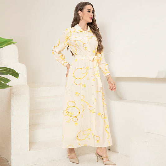 Elegant Style Lapel Chain Pattern Printing Buttons Pocket Belt Shirt Sleeve Long Dresses - Mercalive